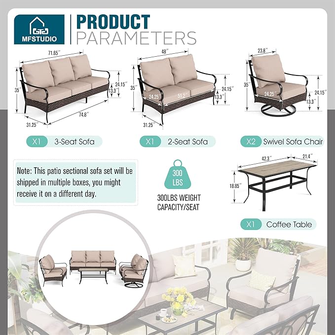 MFSTUDIO Outdoor Patio Furniture Set, 5 PCS Metal Patio Conversation Sets for 7, Modern Patio Sectional Set with High Back 3-Seat Sofa, Loveseat, 2 Swivel Sofa Chairs, 1 Coffee Table