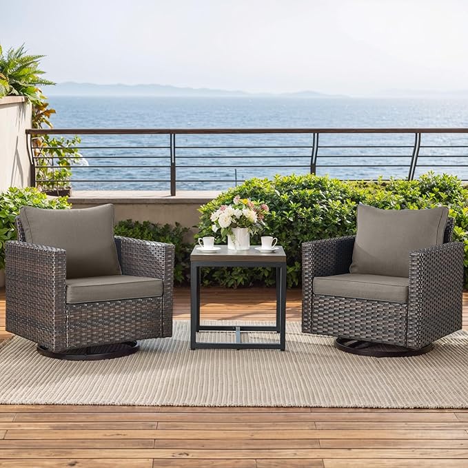 Rilyson Outdoor Patio Swivel Rocker Chairs - Wicker Patio Swivel Rocking Chairs Set of 2 with Waterproof Wicker,Comfortable Cushions and Sturdy Metal Frame for Outside Porch Deck Backyard(Brown/Grey)