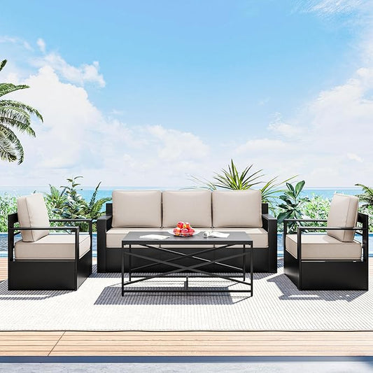 Outdoor Patio Furniture Set, 4-Piece Aluminum Patio Conversation Set All-Weather Metal Outdoor Sectional with 6 Inch Thick Cushions, Deep Setting for Garden, Outside and Porch