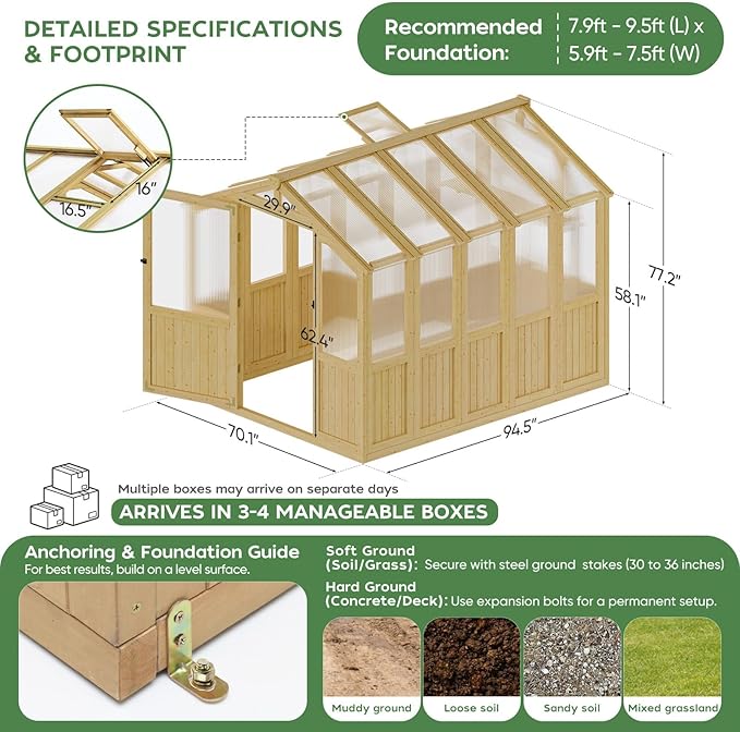 6*8 FT Wood Outdoor Greenhouse Kit, Greenhouses for Outdoors Heavy Duty with Adjustable Roof Vent and Shelves, Walk in Polycarbonate Greenhouse for Outside Garden & Backyard, Light Honey