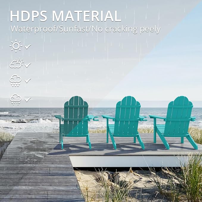 LUE BONA HDPS Adirondack Chairs Set of 4, Fire Pit Outdoor Chair Weather Resistant with Cup Holder, Modern Plastic Chair Plastic for Patio, Deck, Proch, 350LBS, Aruba Blue