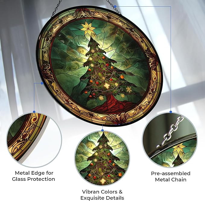 Personalized Magical Christmas Tree Suncatchers for Windows,6.3” Stained Glass Window Hangings,Hand-Painted Glass Panel Perfect for Home Décor