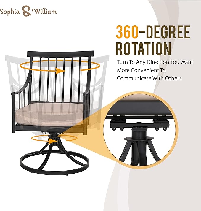 Sophia & William 5 Pcs Patio Furniture Outdoor Dining Set, 42" Square Metal Patio Table and Swivel Chairs with Cushions, Adjustable Umbrella Hole, Conversation Bistro Set for Garden,Yard,Deck