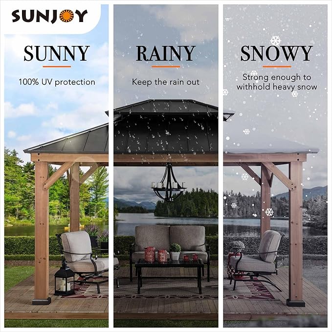 SUNJOY 11 x 13 ft. Wood Gazebo Cedar Framed Gaezbos with Black Double Steel Hardtop Roof for Garden, Backyard Shade, Matte Black Roof + Natural Wood Frame