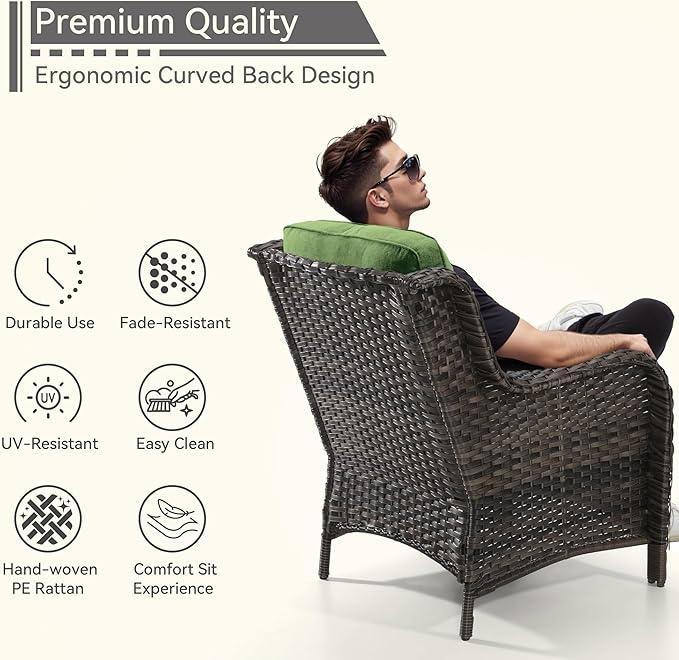 5 Pieces Patio Conversation Set, Wicker Chairs Set of 2 and Two Ottomans with 3.5-inch Seat Cushions, 1 Side Table High Back and Curved Armrest for Backyard, Balcony and Deck, Green