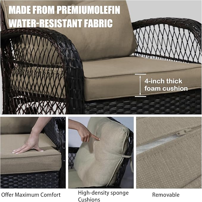 Patio Furniture Set Swivel Rocker, Outdoor Patio Chairs, 3 Piece Suit Porch Furniture Rocking Set, Backyard and Garden Rocker Rattan Chair, with Thickened Cushions and Glass Coffee Table(Brown)