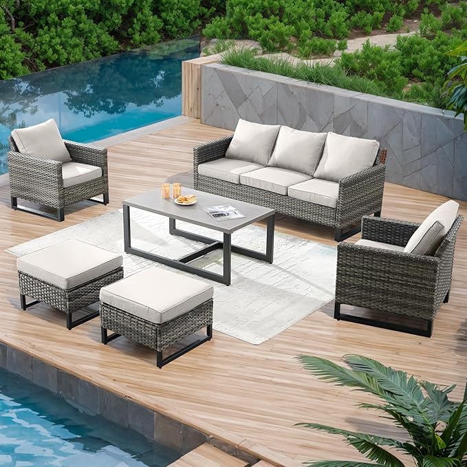 Rilyson Wicker Outdoor Patio Furniture Set - 6 Piece Patio Conversation Set with 2 Armrest Chairs,2 Rattan Ottoman,1 Couch and 1 Metal Side Table for Outside Porch Deck Backyard(Mixed Grey/Beige)