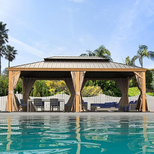 Domi 14'x24' Hardtop Gazebo Canopy,Outdoor Aluminum Gazebo with Galvanized Steel Double Roof, Extra Large Permanent Gazebo Pavilion for Patio Deck Backyard,Curtain and Netting,Wood Grain
