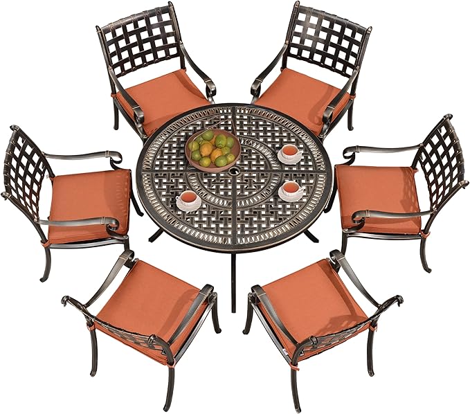 PURPLE LEAF Patio Dining Set Cast Aluminum 7-Piece Patio Furniture Set with 6 Dining Armchairs and 47" Round Table, 6 Cushions Included, for Lawn Yard Garden, Lattice Brick Red Outdoor Dining Set