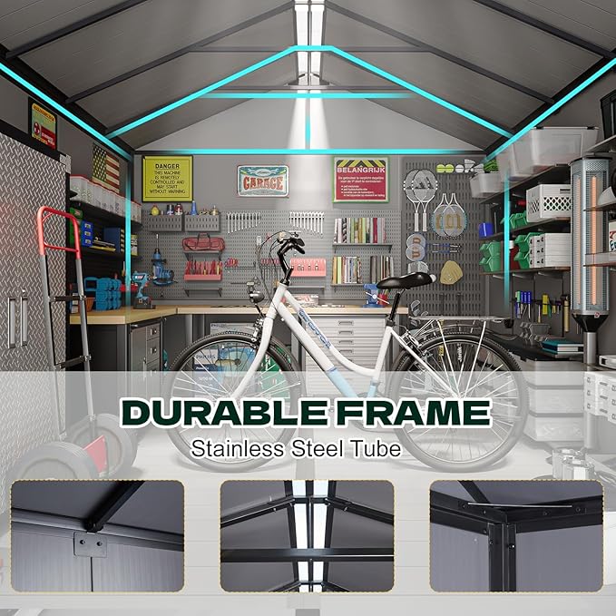 MELLCOM 8 x 8 FT Resin Storage Shed with Floor, Outdoor Storage Tool Shed with Windows and Lockable Door for Pool Supply, Bike, Lawnmower