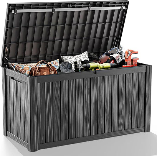 150 Gallon Deck Box,Resin Outdoor Storage Box with Lockable for Patio Furniture, Pool Accessories, Garden Tools Waterproof Outside Storage Box, Black
