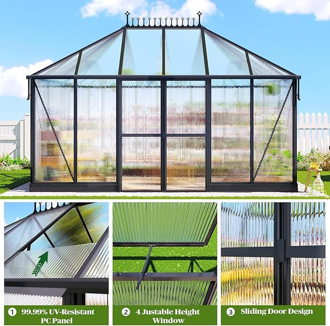 14x9.7x10 FT Polycarbonate Greenhouses for Outdoors, Large Winter Greenhouse Sunroom with 2 Adjustable Windows &Sliding Door, Walk-in Design with Aluminum Frame for Patio, Garden