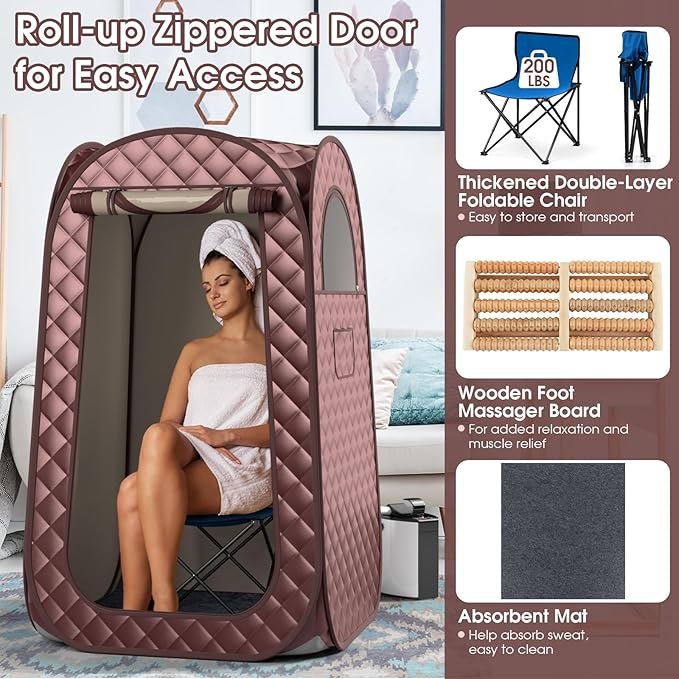 COSTWAY Portable Steam Sauna, Full-Body Personal Sauna Tent w/ 3L Steam Generator, Foldable Chair, Foot Massager, Timer, Remote Control, Indoor Pop-up Sauna Tent for Home Spa Relaxation (Coffee)