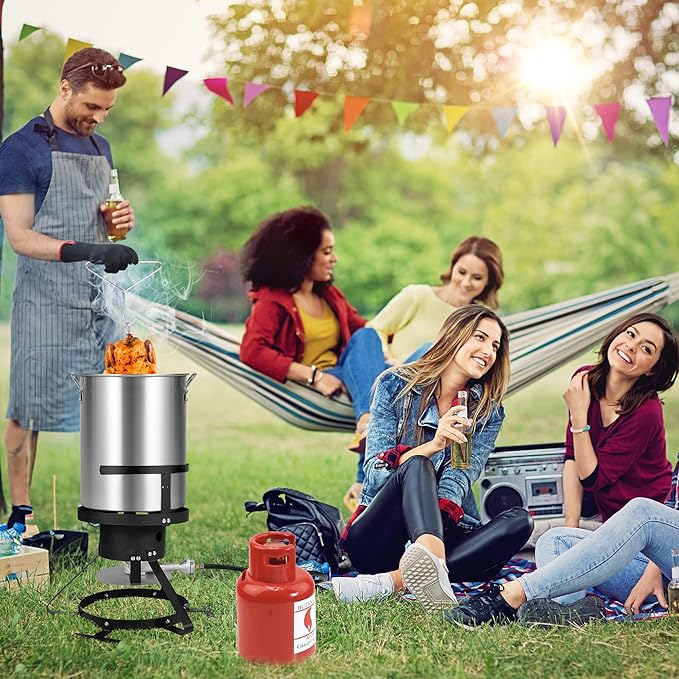 Turkey Fryer with Boiler Steamer Set Basket & 55000BTU Propane Burner, Outdoor Deep Fryer & Seafood Crawfish Boil Pot with Thermometer, Marinade Injector, Turkey Rack & Rack Lifter-OT-3020