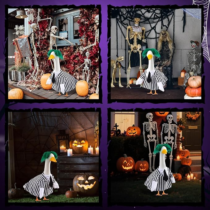 Halloween Porch Goose Outfits Black and White Striped Suit and Wig Movie Clothes for 23 Inch Cement Goose Halloween Costume Outdoor Yard Lawn Garden Patio Decor