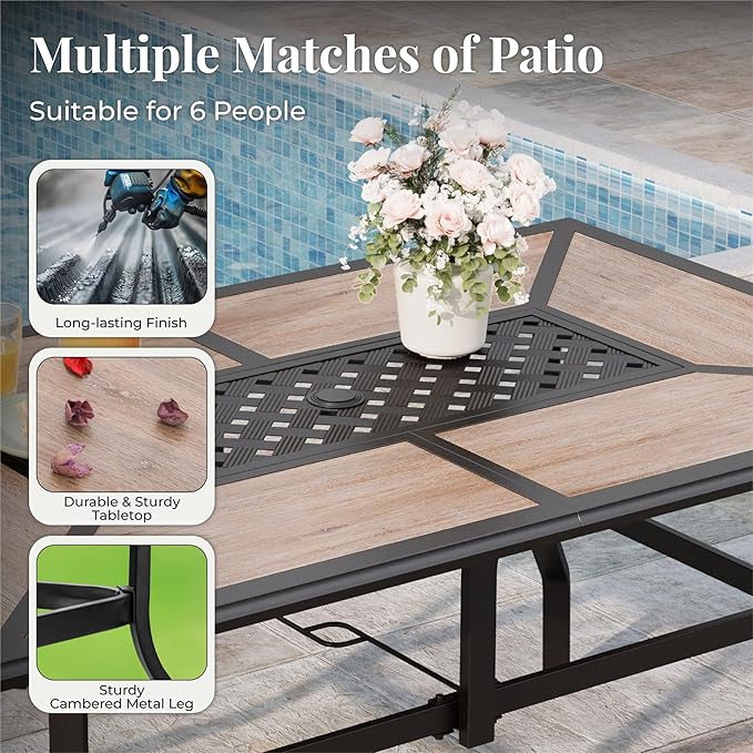 Outdoor Patio Dining Set 7 Piece Furniture Set with 6 Brown Textilene Chairs and Wood-Like Table Top Rectangular Table for Deck Garden Backyard Lawn Poolside