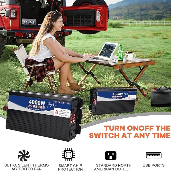 3500 Watt Power Inverter 72V DC to 220V AC Converter, RV Inverter, LED Display with 2 AC Outlets Dual Fans Radiating, for RV, Camp and Home, Electric Tool Pure Sine Wave Inverter (220V, 3500W 72V)