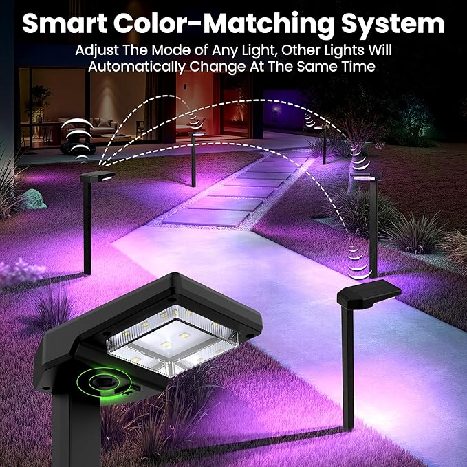 Solar Lights Outdoor, 4Pack Smart Pathway Lights with Color Changing &Sync, 9Modes (Warm/Cool White,RGB) for Driveway,Walkway,Garden,Yard,Fence,Patio,Lawn,Step Waterproof