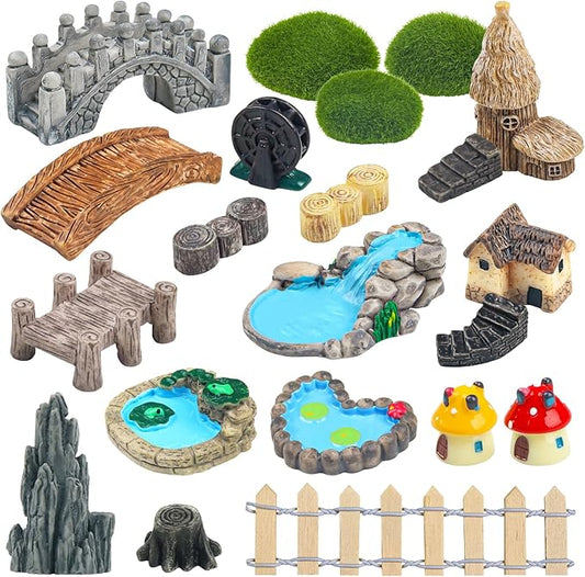 21 Pcs Fairy Garden Miniatures Accessories Bridge House Landscape Water Well Fence Figurines Pond Mushroom Lawn Garden Ornament for DIY Craft Succulent Decor