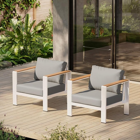 Aluminum Outdoor Patio Furniture Armchair, All-Weather Outdoor Patio Sofa with Washable Thick Cushion, Patio Sofa Couch Set of 2 for Porch, Balcony, Deck, Yard, White