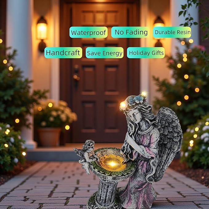 Solar Angel Figurine Lights Outdoor Waterproof Garden Statue with Color Changing Birdbath Fountain, Fairy Garden Decor for Outside Yard Patio Porch, Housewarming Gifts for Thanksgiving Christmas