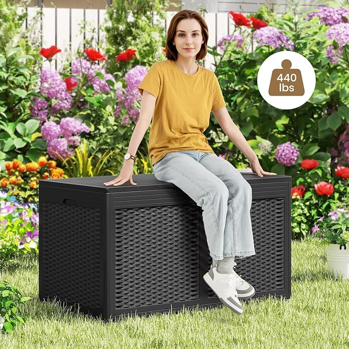 HAPPYGRILL 100 Gallon Resin Deck Box Outdoor Waterproof Storage with Lockable Lid, Rattan Texture Storage Container with Wheels for Pool Accessories, Garden Tool, Patio Furniture Cushion (Black)