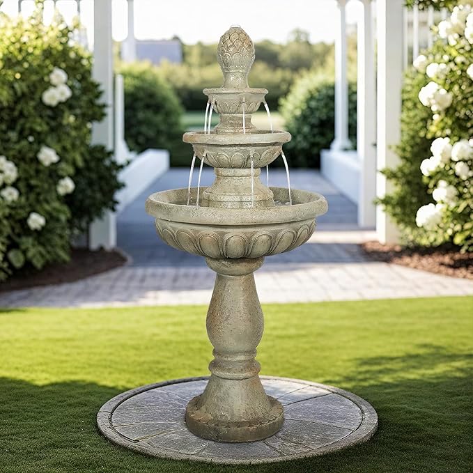 42.5" H Traditional Outdoor Water Fountain with Pineapple Finial – Classic Garden Décor with Flowing Cascade and Antique Stone Finish for Patios, Lawns, and Courtyards