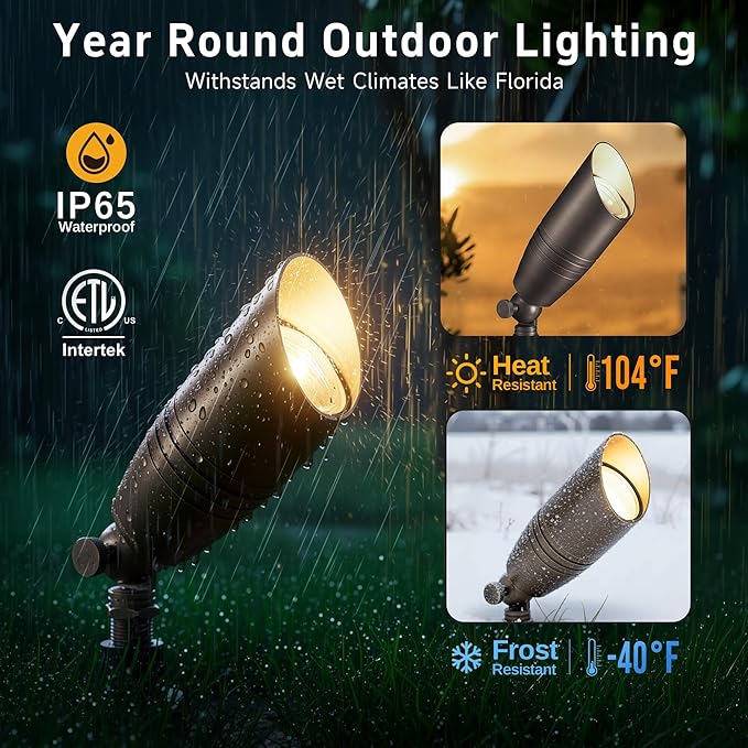 Gardenreet Brass Landscape Lighting - Low Voltage Spotlights Outdoor LED, 12V Wired Uplights, Waterproof Spot Lights, Antique Bronze for Outside Trees Without MR16 Bulb (4 Pack)