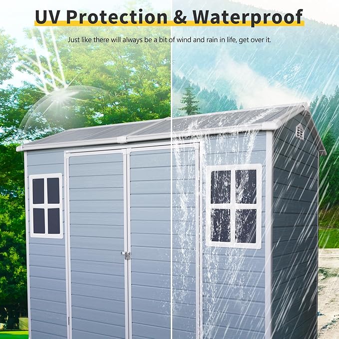 LANTRO JS Plastic Storage Shed with Floor, Resin Shed with Floor, 8x4FT Outdoor Shed with 2 Windows and Lockable Door Sheds for Garden Tools, Bike