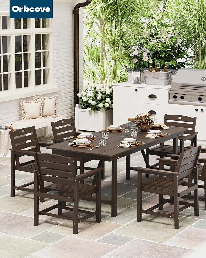 Patio Table and Chairs Set with Umbrella Hole, HDPE Patio Dining Set for 6, Outdoor Dining Set for Lawn, Patio, Porch, Deck, Poolside, Yard (Mahogany, 7-Piece)