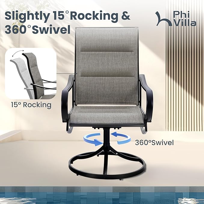 PHI VILLA 5 PCS Patio Dining Set, 4 Padded Swivel Dining Chairs & Square Brown Metal Slat Table Top with 1.57" Umbrella Hole, Outdoor Table and Chairs for All Weather