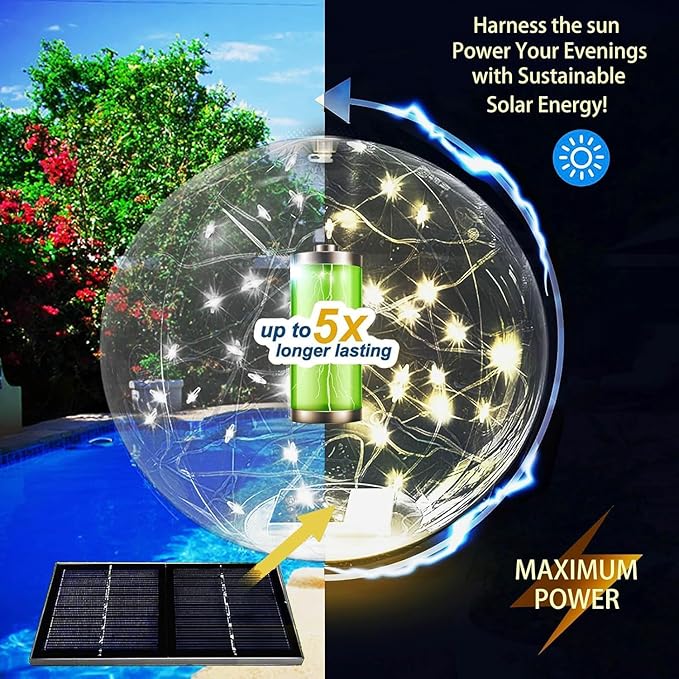 Solar Powered Floating Pool Lights - 14" Inflatable Waterproof Floating Light UP Pool Glow Balls, 3000K Warm-White Led Pool Lights That Float for Party Decorations, Outdoor Patio Detor (6)