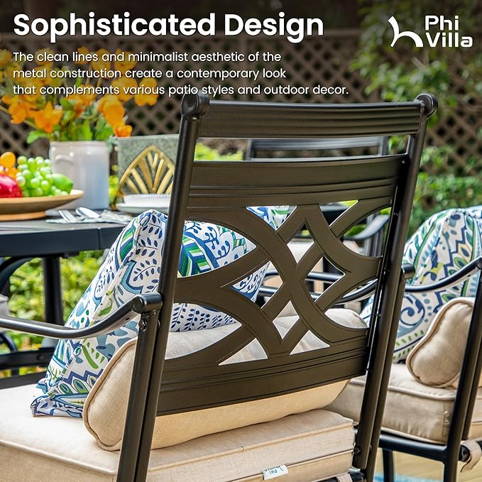 PHI VILLA 7 Pcs Patio Dining Set,Outdoor Table Chair Set for 6 with Outdoor Swivel Chairs and Metal Frame Steel Rectangular Table,Outdoor Dining Furniture with Cushion and Pillow for Garden Lawn Deck