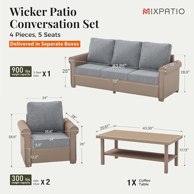 Patio Furniture Set 4 pcs, Wicker Outdoor Patio Furniture, 3-Seat Sofa, 2 Single Chairs and Coffee Table, Rattan Patio Conversation Set for Backyard Deck, Grey