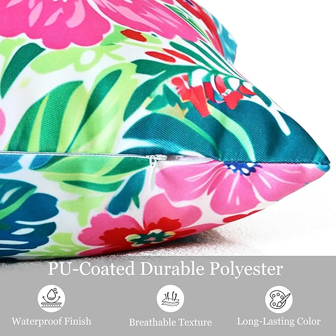 Outdoor Pillow Covers 18x18 Inch Set of 2 Tropical Floral Plants Boho Throw Pillows Cases Waterproof LSquare Garden Cushion Sham for Patio Funiture Tent Balcony Bench Sofa Couch