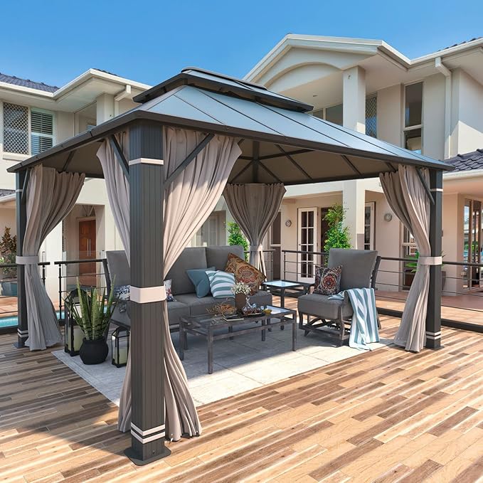 YOLENY 10'x12' Hardtop Gazebo, Outdoor Double Roof Aluminum Composite Gazebos with Curtains and Netting for Patio, Lawn, and Garden
