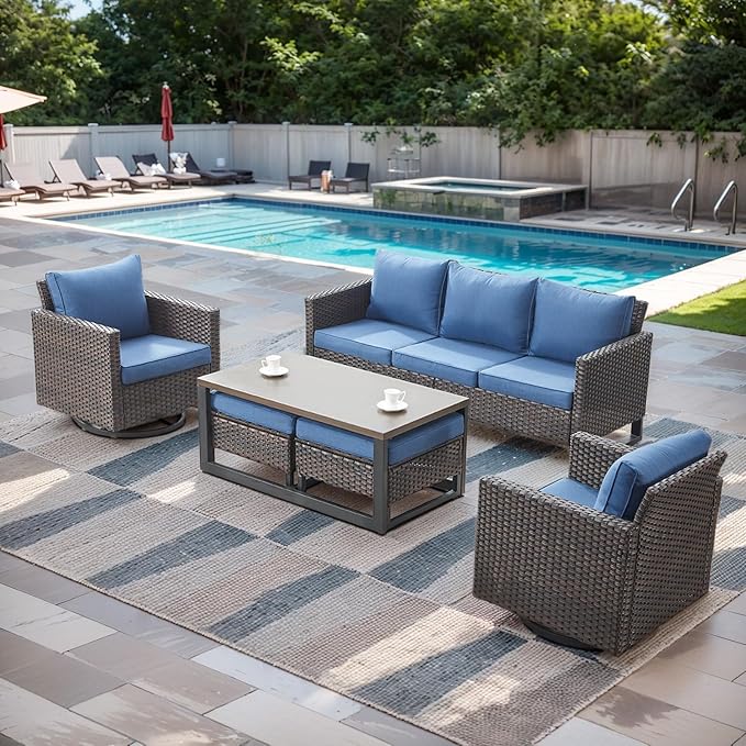 Rilyson Wicker Outdoor Patio Furniture Set - 6 Piece Patio Conversation Set with 2 Swivel Rocker Chairs,2 Rattan Ottoman,1 Couch and 1 Metal Coffee Table for Outside Porch Deck Backyard(Brown/Blue)