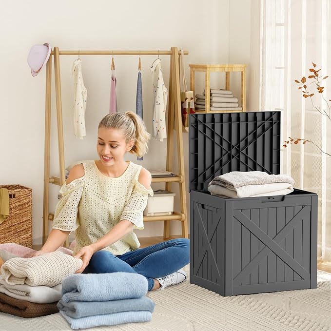 ROJIK 35 Gallon Outdoor Storage Housing Deck Box,Waterproof Patio Furniture, Garden Tools, Cushions, Pool Accessories Storage Bench with Lockable Lid and Side Handles(Black)