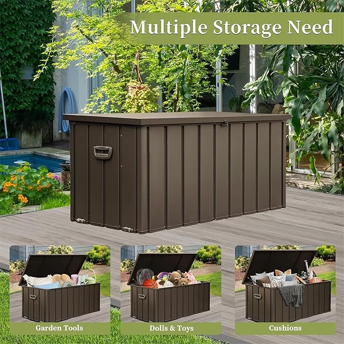 Metal Storage Box for Outdoor Dark Brown Lockable Water-Resistant Deck Box for Patio Garden Tools Organization Rust-Resistant Heavy-Duty Outside Storage Box (160 Gallon)