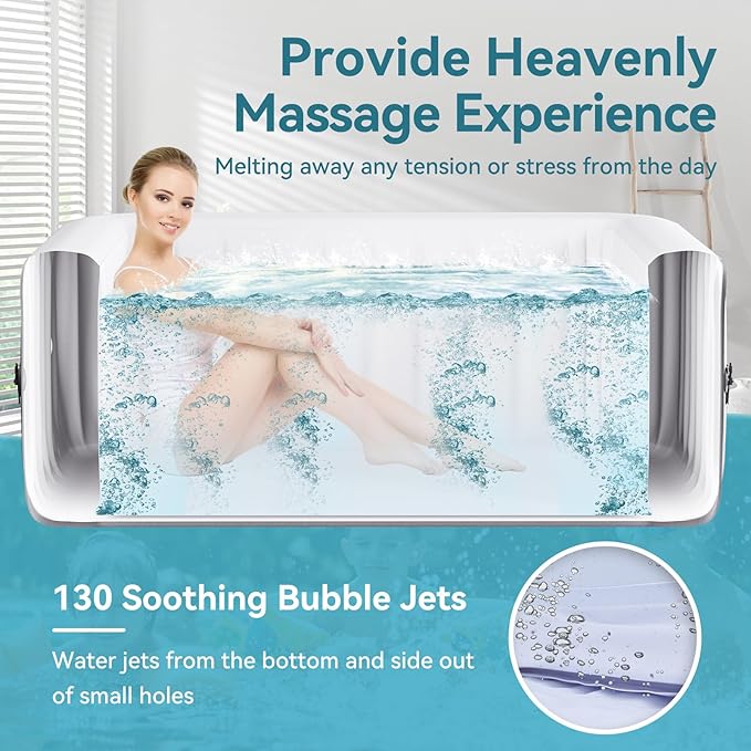 4-6 Person Inflatable Hot Tub, Large Square Blow Up Portable Hot Tub, Leak-Proof PVC Outdoor Spa with 130 Air Jets, Insulated Cover and Heater Pump, 73” X 73”X 25”