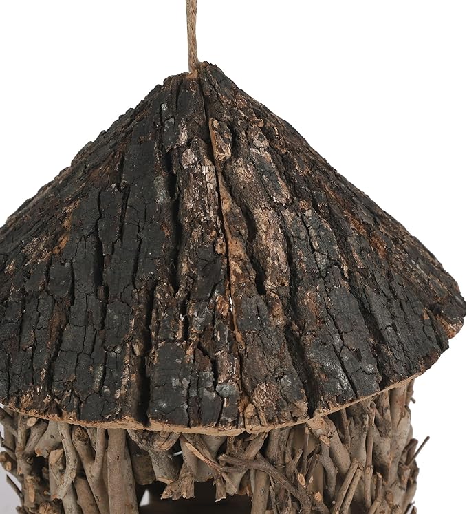Twig-Covered Cylinder Birdhouse, 2.4" Entry for Medium Birds, Natural Branch Exterior & Waterproof Interior, Woodland Garden Backyard Decor