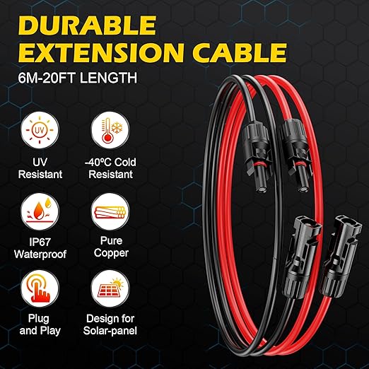 20Ft Solar Cable Solar ExtensionCable,10AWG Solar Panel Extension Cable with Female and Male Connectors,Waterproof Solar ExtensionCable Kit (Red and Black).