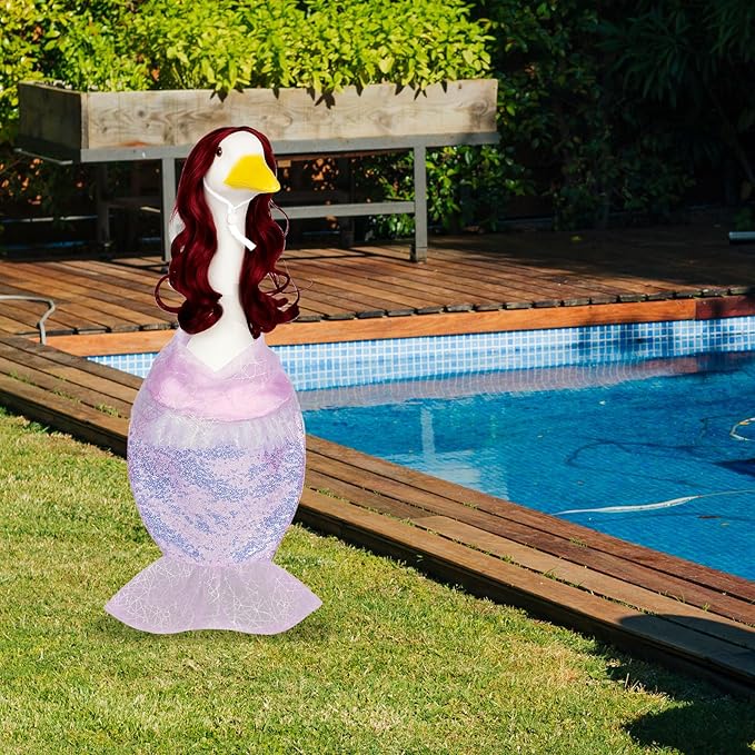 Mermaid Porch Goose Outfits with Red Wigs Colorful Mermaid Goose Costume for 23" Cute Porch Geese Statue Clothes for Summer Outdoor Patio Yard Lawn Decor