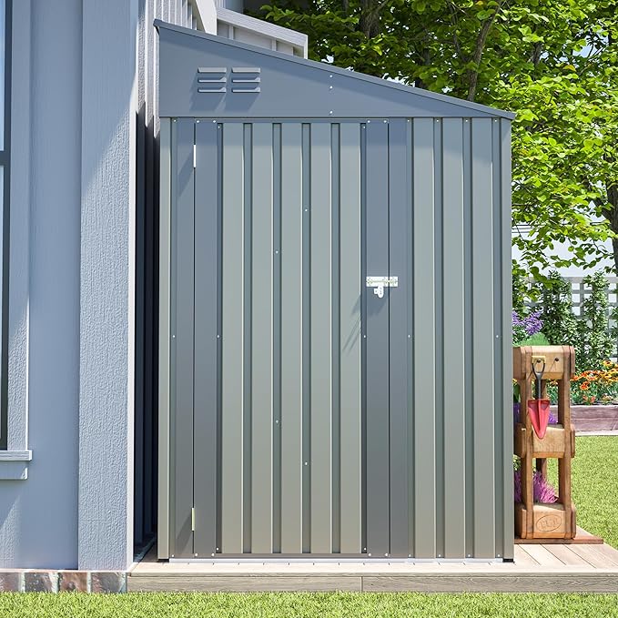 4×8 FT Outdoor Metal Storage Shed,Heavy-Duty Lean to Storage Shed with Lockable Door and Reinforced Beams,All Weather Waterproof Storage House W/2 Air Vents,for Backyard,Patio,Lawn,Gray