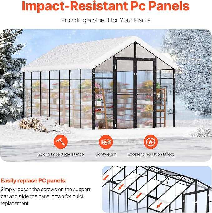 VEVOR Polycarbonate Greenhouse, 8 x 14 Ft, Outdoor Greenhouse with 2 Vent Windows, Pavilion Styled Greenhouse with Hinged Door, Aluminum Large Walk-in Greenhouse Kit for Outside Garden Backyard