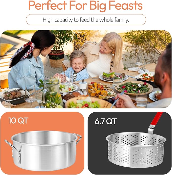 Aluminum Fish Fryer Pot with Basket | 10QT Deep Frying Pot with Handle | Outdoor Oil Fryer pan with Fry Basket | Cooking Pot | Fried Chicken, Fish, Seafood, Turkey Legs, French Fries