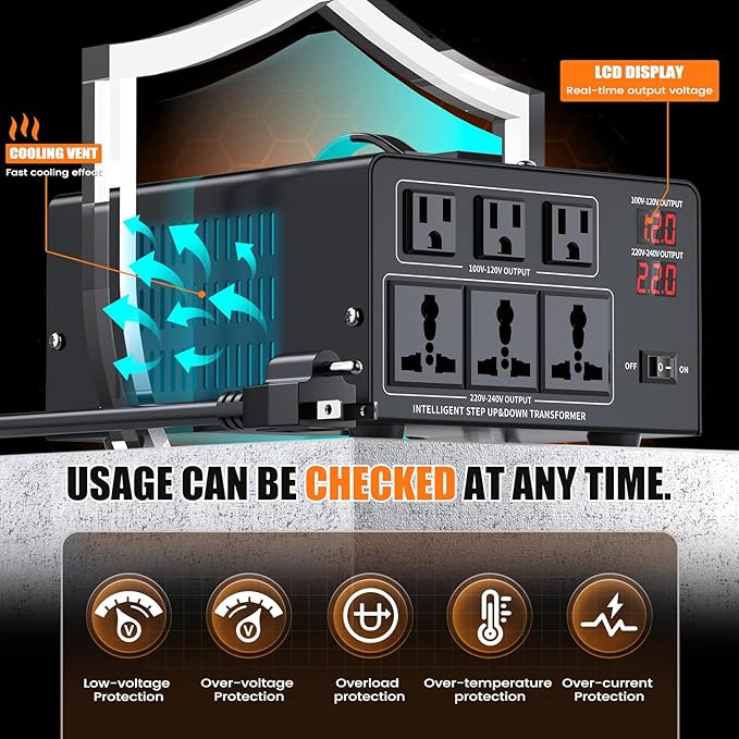4000W Voltage Converter Transformer Step Up 110V/120V to220V/240V or Step Down 220V to 110V AC Power Converte, Circuit Breaker Protection, 3 US sockets, 3 Universal sockets, LCD Display