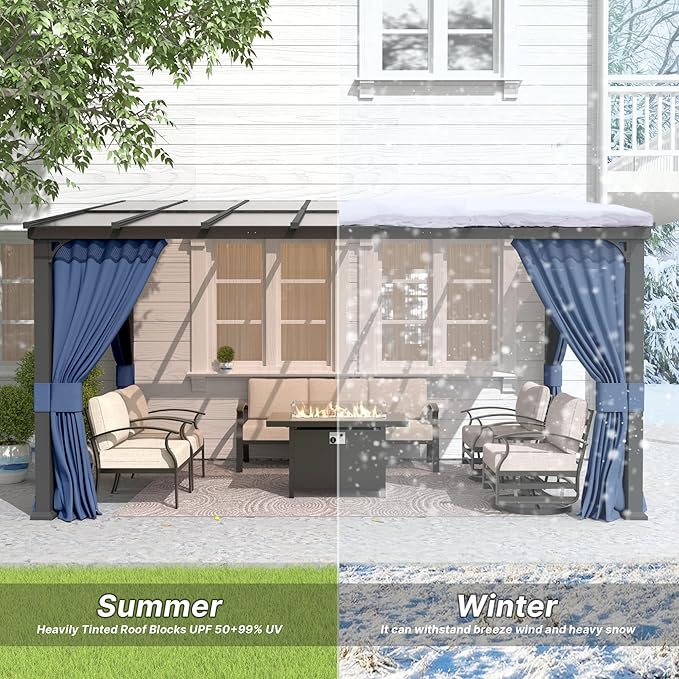 Gotland 10FTx14FT Outdoor Wall Mounted Hardtop Pergola, Metal Frame Gazebo with Sloping Sun Panel Roof and Double Curtains for Patio, Garden, Lawn, Navy