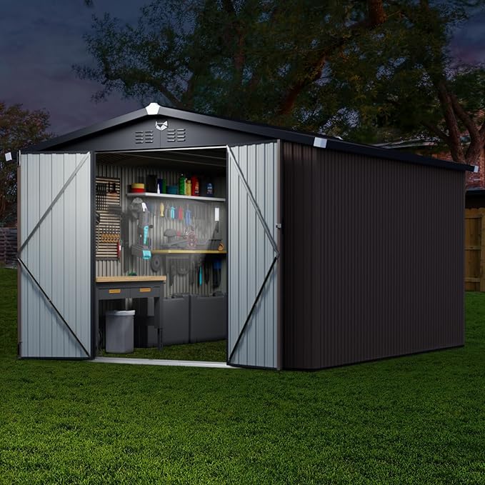 10x12 FT Outdoor Storage Shed, Metal Shed with Lockable Door, Large Heavy Duty Tool Sheds, Outside Waterproof Storage Building