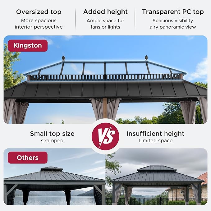 SUNJOY Kingston 20' x 12' Hardtop Gazebo with Galvanized Steel/Polycarbonate Double Roof, Curtain and Netting, Woodgrain Finish Aluminum Posts Permanent Pavilion Gazebo for Garden, Patio, Deck, Lawn